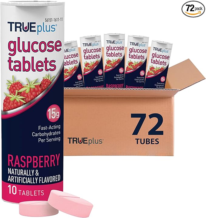 TRUEplus Glucose Tablets, Chewable, Raspberry Flavor, 15g Fast-Acting Carbohydrates, Fat Free, Gluten Free, Raise Low Blood Sugar and Boost Energy, 10 Count, 72 Tubes