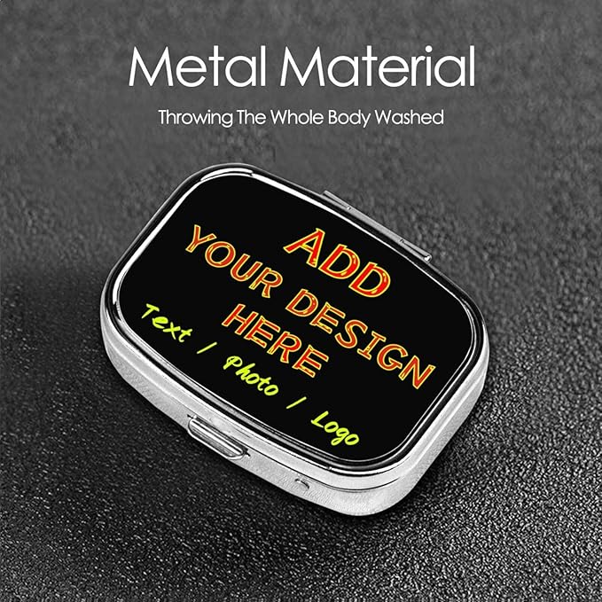 Custom Pill Box Personalized Square Small Pill Case with Mirror Add Your Photo Text Logo Name Decorative 2 Compartment Portable Metal Medicine Container Vitamin Organizer for Pocket Purse Travel
