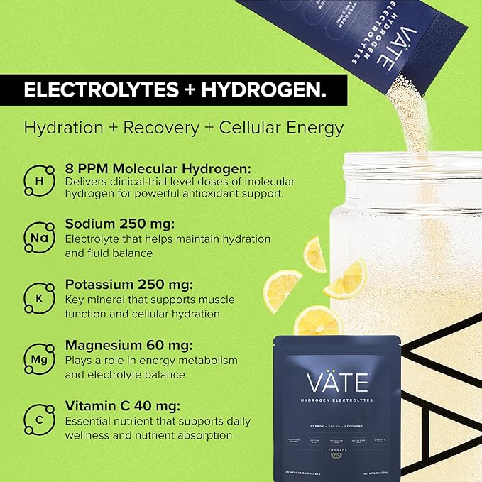 VATE Hydrogen Water + Electrolytes Powder Packets, 8 PPM Molecular Hydrogen + Electrolytes for Hydration, Focus & Recovery, Packets with Magnesium, Potassium, Vitamin C, 30 Count - Lemon