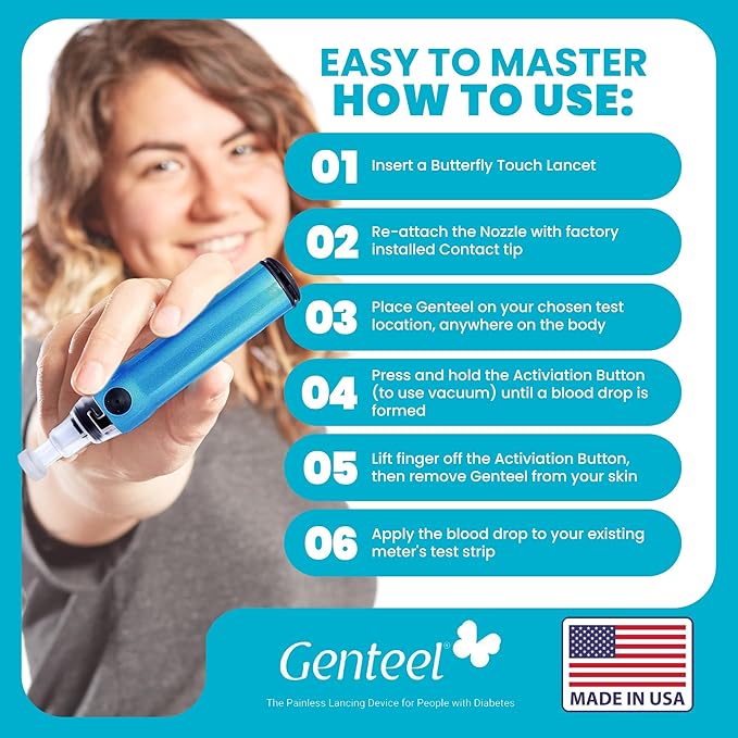 Genteel Plus - No Prick Pain Vacuum Lancing Device for Diabetes Testing - Blood Sugar, Glucose, Ketone, and DNA Home Tests (Butterfly Blue)