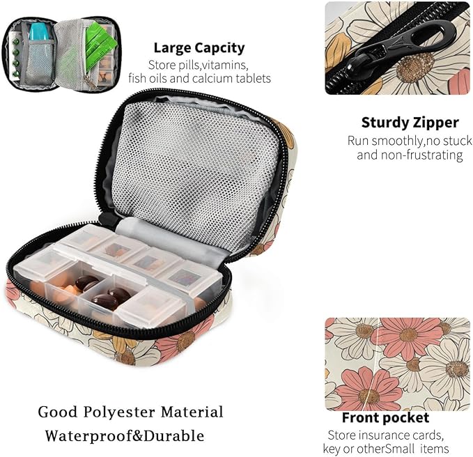 Fustylead Hand Drawn Retro Groovy Daisy Flowers Pill Organizer for Purse, Weekly Portable Pill Box with Zipper to Storage Vitamins Fish Oils Medications Supplements