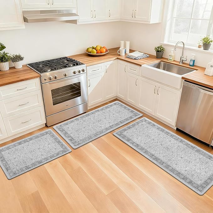Pauwer Anti Fatigue Kitchen Floor Mats Set of 3, PVC Foam Padded Kitchen Rugs, Non Slip Cushioned Comfort Standing Mat, Waterproof Sink Rug for Small Kitchen Area, Laundry Room, Light Grey