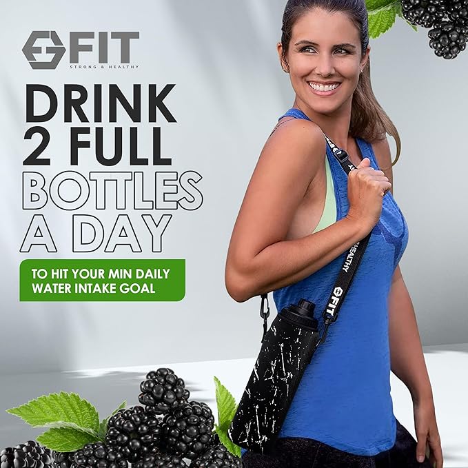FIT Strong & Healthy 32 oz Glass Water Bottle with Straw Lid - Wide Mouth Borosilicate Glass Water Bottles with Time Marker, Silicone Sleeve & Extra Lid - 1L Large Motivational Drinking Bottle