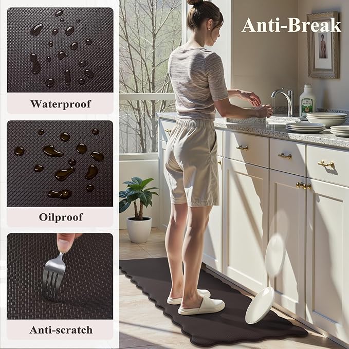 KIMODE Anti Fatigue Kitchen Mats for Kitchen Floor,Scalloped Kitchen Rugs Sets of 2 Non Slip,Cushioned Padded Memory Foam Kitchen Floor Mat Carpet for Office Laundry Sink,Brown