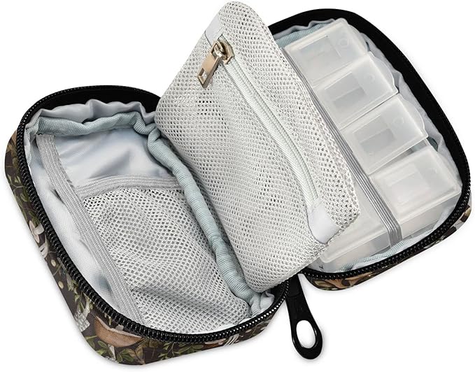 Mushrooms Berries Pill Box 7 Day Pill Case Travel Pill Organizer Bag with Zipper Portable Weekly Vitamin Medicine Supplement Holder Pouch Bag
