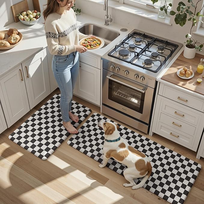 KIMODE Anti Fatigue Kitchen Mats for Floor, Black and White Plaid Kitchen Rugs Sets of 2, Cushioned Kitchen Floor Mats, Non Slip Standing Desk Mat for Sink Laundry Office Desk 20"x47"+20"x32"