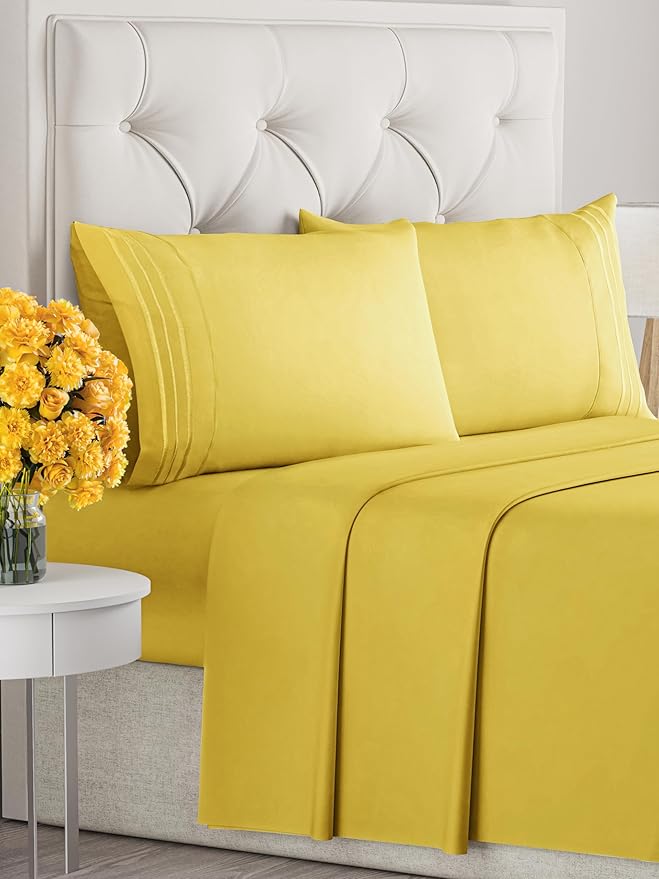 King Size 4 Piece Sheet Set - Extra Soft, Breathable & Cooling Sheets - Hotel Luxury Durable Bed Sheets for Women & Men - Deep Pockets, Easy-Fit & Wrinkle-Free Sheets - Mustard Oeko-Tex Bed Sheet Set