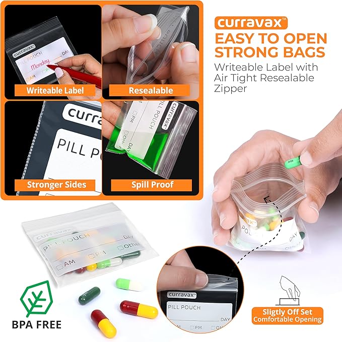 Pill Pouch Bags for Travel Pack of 125- BPA Free 3 x 2.75 inch Pill Pouch - Pill Pouches for Medicine with Write on Label –Clear Ziplock Pill Baggies for Medicine Organizer