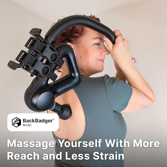 BackBadger Mini Massage Gun Holder for Hard to Reach Areas, Compact Extension Handle Extends Your Reach, for More Effective Upper-Body Pain Relief, Compatible with Most Massage Guns