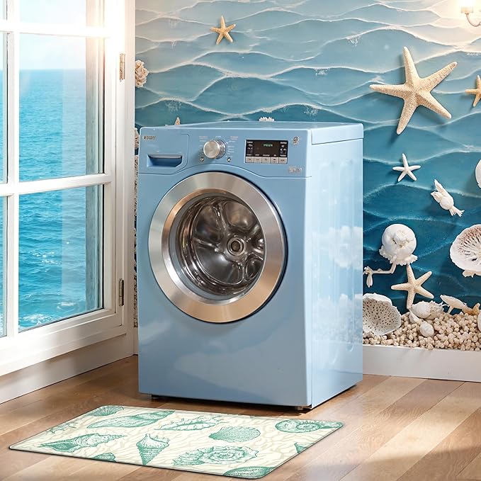 Kitchen Mats for Floor Cushioned Anti Fatigue Sets of 2 Beach Theme Kitchen Rugs Non Slip Waterproof Coastal Foam Kitchen Floor Rug Nautical Coral Seashell Comfort Standing Mat For Sink Laundry, Green