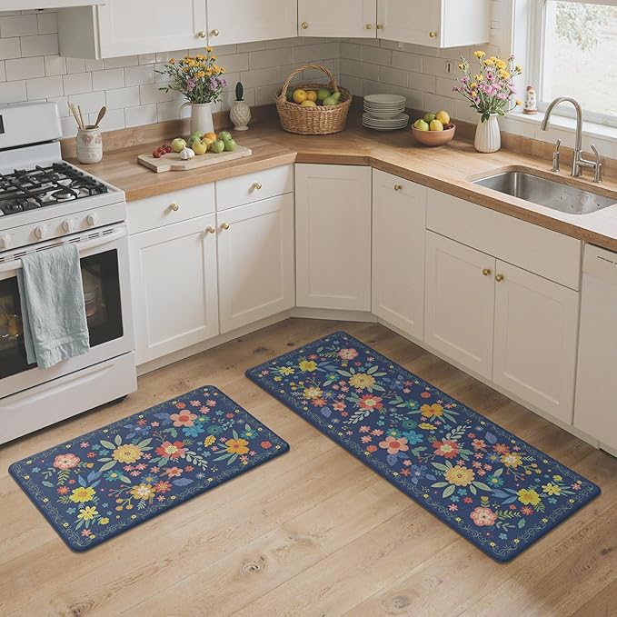 GENIMO Kitchen Mats for Floor 2PCS, Cushioned Kitchen Rugs Non Slip Washable, Farmhouse Anti Fatigue Mat Waterproof, Comfort Standing Mat Rug for Office, Home, Laundry, 17.3"x47"+17.3"x30", Navy