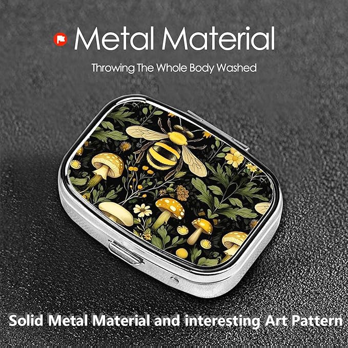 ABLESKY Pill Box, 2 Compartment Pill Organizer Case for Pocket or Purse, Small Portable Metal Travel Medicine Box with Mirror, Daily Vitamins Fish Oil Container-Bee Retro Beautiful Mushroom