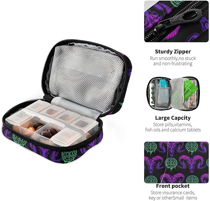 Travel Pill Organizer Bag Weekly Pill Organizer Case Goth Skull Portable Small Daily Pill Boxes for Vitamin Fish Oils Supplement Holder with Zipper Compact Size