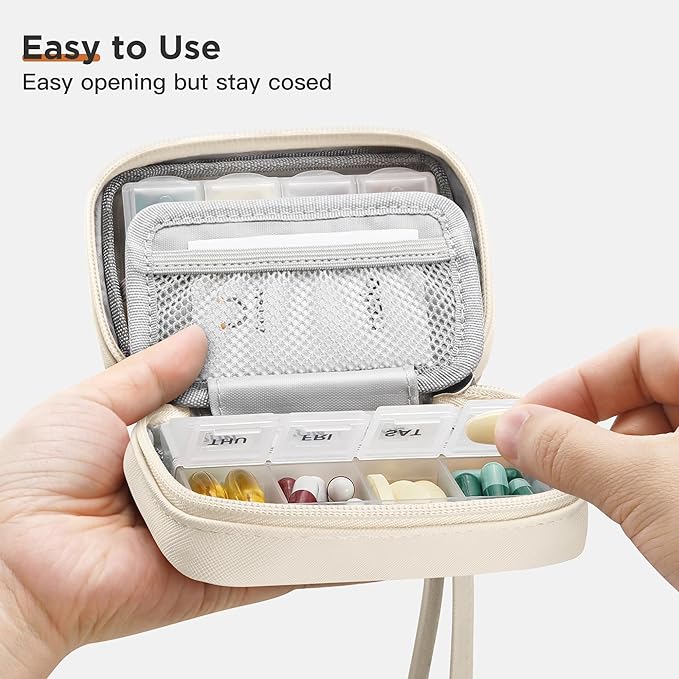 Zannaki Cute Pill Organizer for Purse with Two Removable 7-Day Pill Box, Travel PU Leather Pill Case, Portable Weekly Pill Container with Storage Bag to Hold Vitamins, Fish Oils, Supplements (Beige)