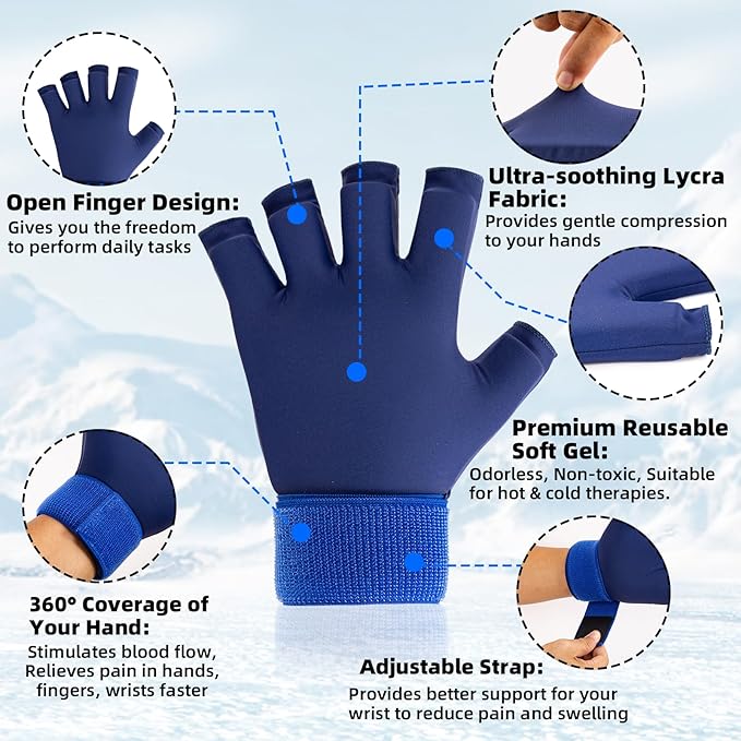 2pcs Finger Arthritis Compression Hand Ice Pack Gloves for Pain Relief, Adjustable Blue Wrist Ice Pack for Hot & Cold Therapies, Reusable Finger Ice Gloves Sleeve for Tendinitis, Carpal Tunnel