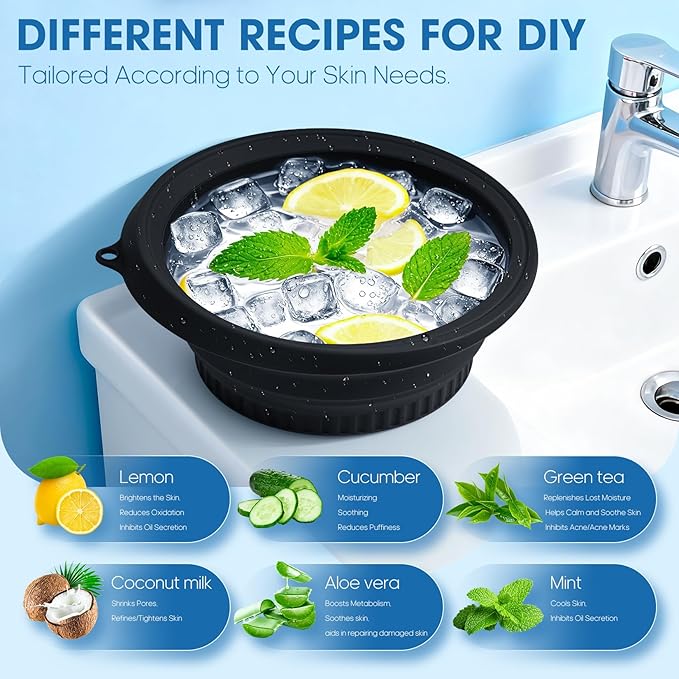 Portable Facial Ice Bath Bowl - Foldable Silicone Bowl with Built-In Ice Tray for Skincare, Suitable for Skin Facial Icebath at Home (Black)