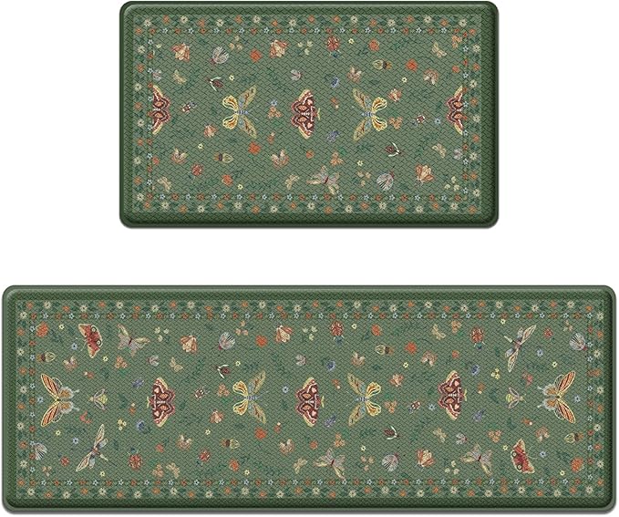 Arttown Kitchen Mats for Floor 2Pcs-Anti Fatigue Non Slip Mats for Kitchen Floor, Cushioned Waterproof & Stain-Resistant Boho Floral Mat Set, Laundry Room, Office, Sink, Desk (Green)