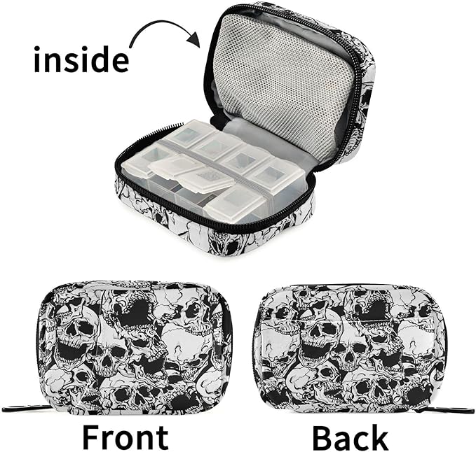 Skulls Pill Box 7 Day Pill Case Travel Pill Organizer Bag Container for Medicine with Zipper Portable Weekly Case Compact Size for Medicine, Vitamin, Supplement