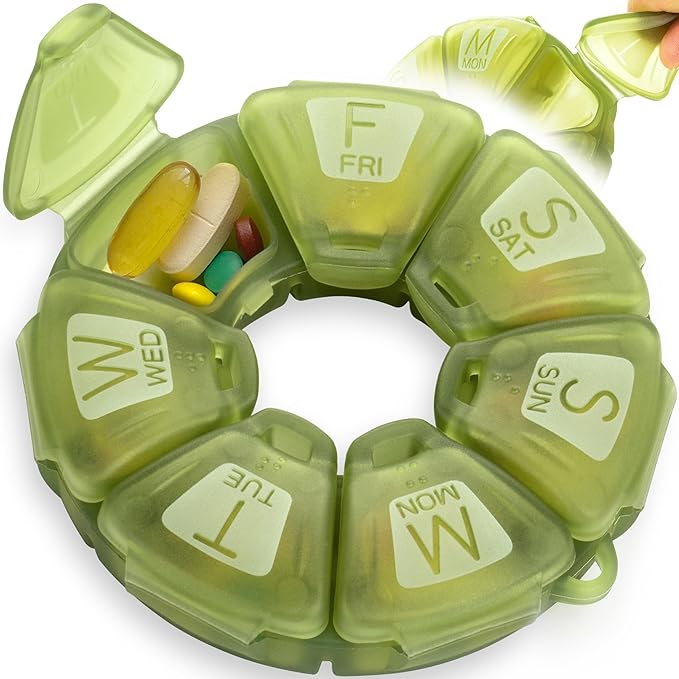 Round Weekly Pill Organizer, Soft-Touch Silicone, Travel Pill Container 7 Day, with 7 Large Compartments, Great for Daily Vitamins & Supplements, Cute Pill Case with Large Letters and Braille (Olive)
