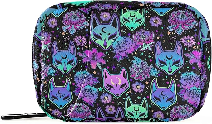 Travel Pill Organizer Bag Weekly Pill Organizer Case Psychedelic Fox Camellia Purple Portable Small Daily Pill Boxes for Vitamin Fish Oils Supplement Holder with Zipper Compact Size