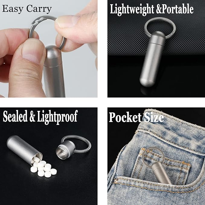 Titanium EDC Pill Container, Waterproof Pill Holder Keychain Small, Portable Outdoor Travel Pill Case, Lightweight Pill Organizer Daily Pill Box, Camping Emergency Pill Bottle