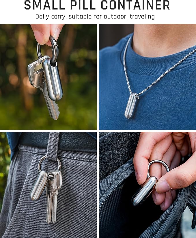 TISUR Micro Keychain Pill Holder, Titanium Pill Case Waterproof Pill Fob for Emergency Aspirin & Nitroglycerin for Travel Purse Pocket