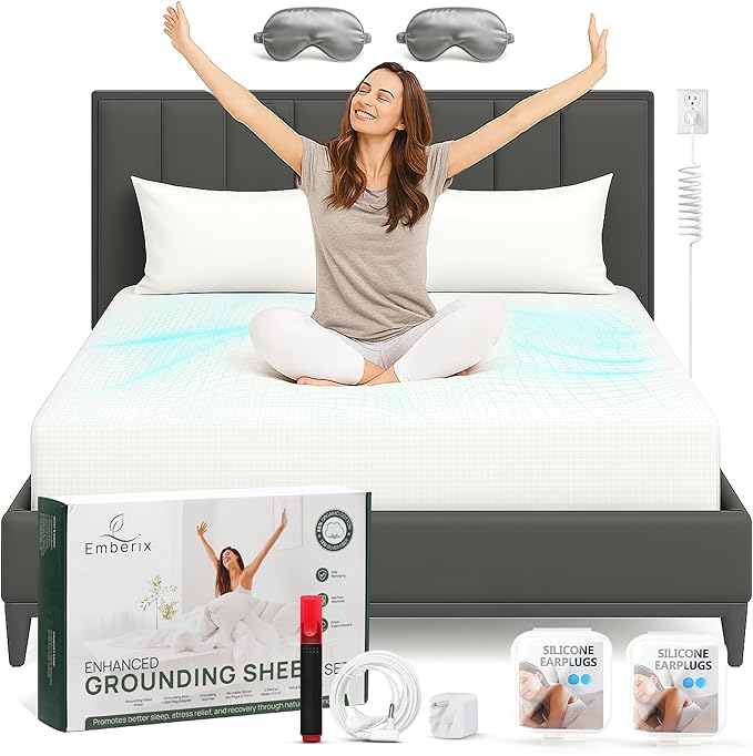 Emberix Grounding Sheets King Size, 12% Pure Silver Fiber Earthing Bed Sheet, 88% Cotton Soft & Breathable, Grounded Sheets Deep Pocket 15" with Eye Masks & Ear Plugs for Rest & Wellness (White)