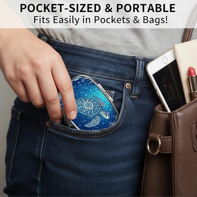 Square Pill Case Small Pill Box with Mirror Pocket 2 Compartment Vitamin Pill Medicine Case Organizer Pill Containers for Traveling Wave Sea Turtle