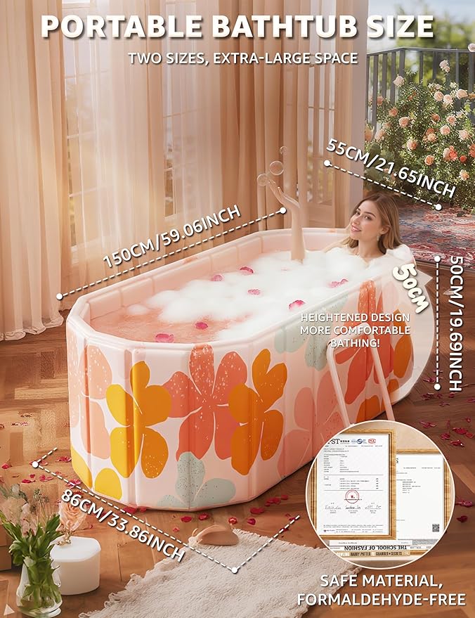 Portable Bathtub Ice Bath Tub - Foldable Collapsible Bathtub for Adult Shower Bathroom Hot SPA Soaking Cold Plunge Tub Freestanding Bathtub 59"Lx22"Wx20"H Pink