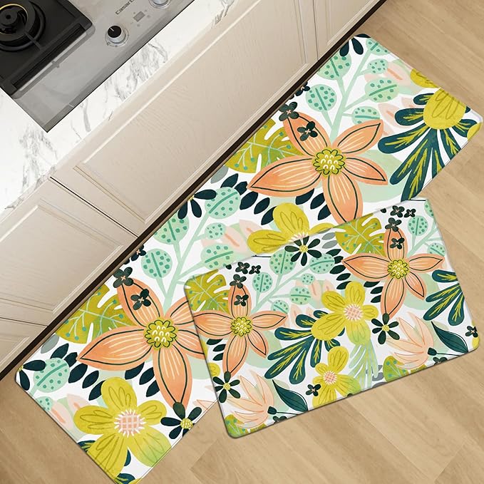Boho Floral Long Kitchen Mats Rugs Sets of 2 Cushioned Anti Fatigue Floor Mat Foam Comfort Kitchen Rugs Farmhouse Style Non Slip Waterproof Mid Century Botanical Standing Mat for Sink Laundry