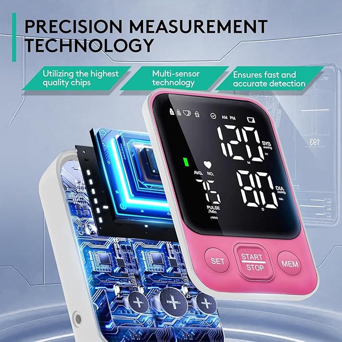 Blood Pressure Monitor Upper Arm Monitors for Home Use BP Machine with 2x120 Reading Memory Adjustable Arm Cuff 8.7"-15.7" Large Display with LED Background Light Storage Bag Pink