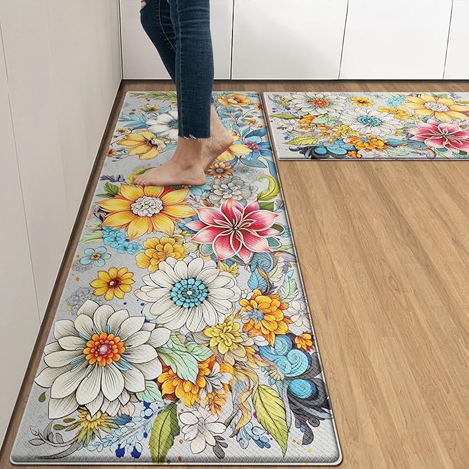 Arttown Boho Anti-Fatigue Kitchen Rug Set of 2 Colorful Floral Mandala Cushioned Floor Standing Mat Waterproof Non-Slip Mat and PVC Ergonomic Comfort Foam Rug