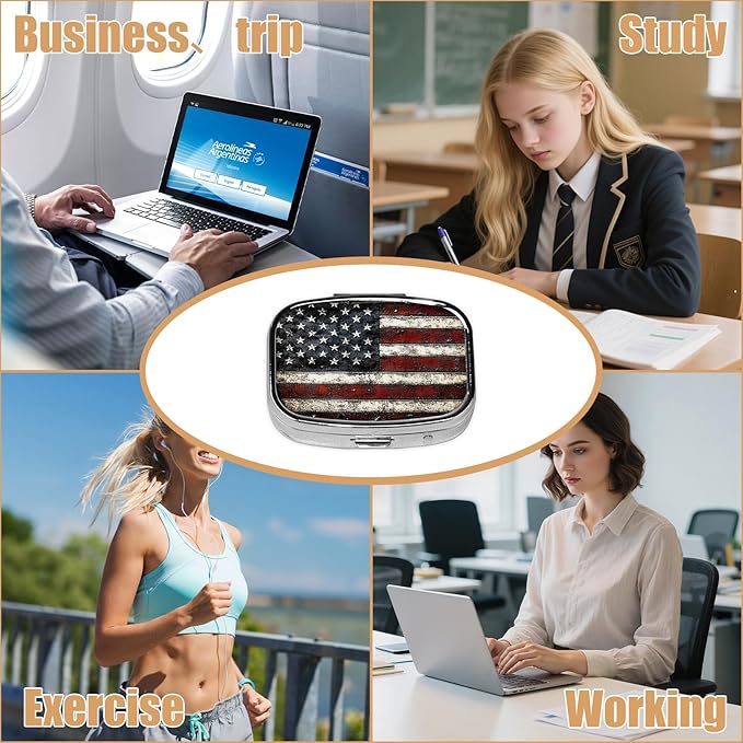 Pill Box-2 Compartment Small Pill Case Square Organizer Case with Mirror Portable Metal Medicine Box Travel Container for Pocket & Purse Women Men(Vintage American Flag)