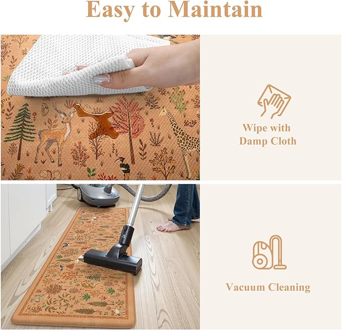 KIMODE Kitchen Floor Mats for Floor Cushioned Anti Fatigue Animal Forest Kitchen Rugs Sets of 2,Padded Memory Foam Under Kitchen Sink Mat for Laundry Decor,Orange Light Brown