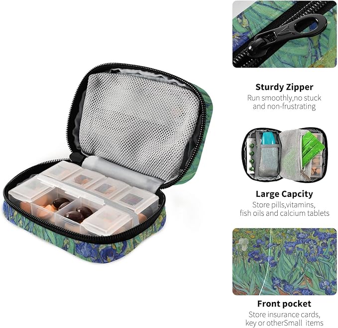 Naanle Irises Van Gogh 7 Day Pill Case Bag Travel Pill Organizer with Zipper Portable Weekly Case Compact Size for Vitamin Supplement Holder