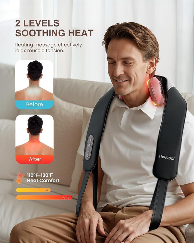 4D Shiatsu Neck Massager with Heat, Cordless Back and Neck Massager, 3 Speeds & 3 Heating Level, Lightweight Portable Shoulder Massager for Tech Neck & Commuters, Gifts for Men Women