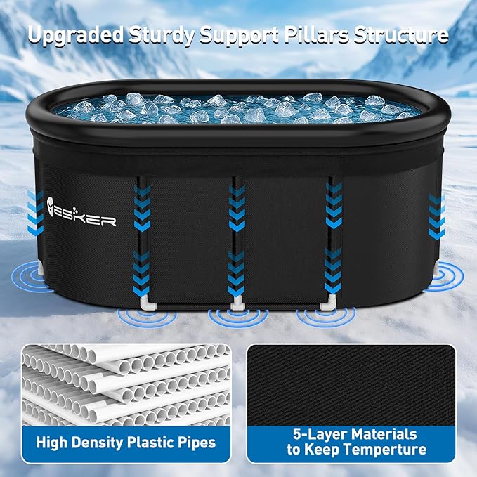 Yesker 110-Gallon Oval Ice Bath Tub with Storage Bag, Multi-Layered Portable Cold Plunge Tub with Cover, Drop-In Bathtub Foldable for Athletes, Home Gym, Outdoor Use