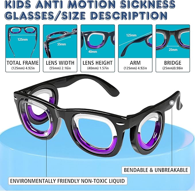 Hion 2 Pairs Kids Anti- Motion Sickness Smart Glasses, Ultra-Light Portable Nausea Relief Liquid Glasses, Carsickness Airsickness Seasickness Glasses, Kids Travel/Cruise Essentials