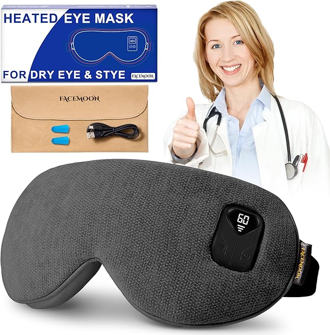 FACEMOON Heated Eye Mask for Dry Eyes: Electric Warm Compress for Blepharitis Stye Tired Eyes - Cordless Heat Relief Heating - Stable Temp 1500 Mah Rechargeable Washable Gray