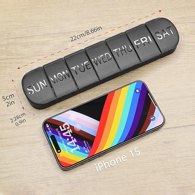 Large Weekly Pill Organizer, 2-Pack 7 Day Pill Box with Debossed Labels, Fade Resistant, BPA-Free Translucent Lids (White & Black)