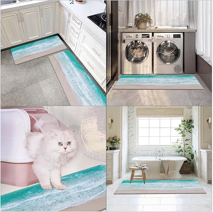 Arttown Summer Beach Sea Ocean Anti-Fatigue Kitchen Rug Set of 2 Blue Teal Cushioned Floor Standing Mat Waterproof Non-Slip Kitchen Mat and PVC Ergonomic Comfort Foam Rug