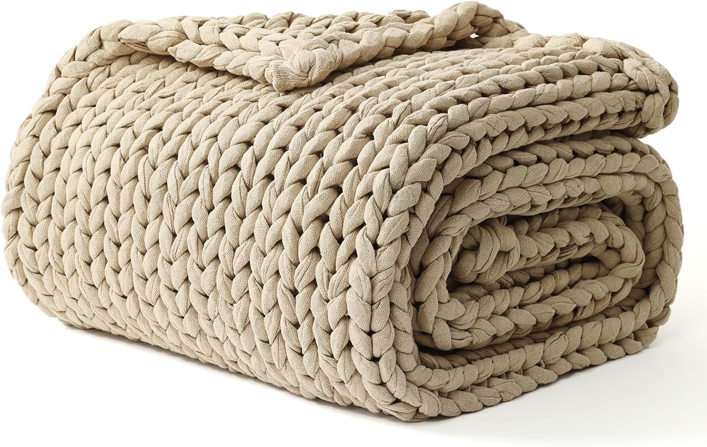 YnM Cotton Weighted Blanket, Handmade Chunky Knitted Design, Soft and Cozy, Temperature Regulating and Breathable, Machine Washable Throw for Sleep or Home Decor (Beige, 43x50 Inch, 10lbs)