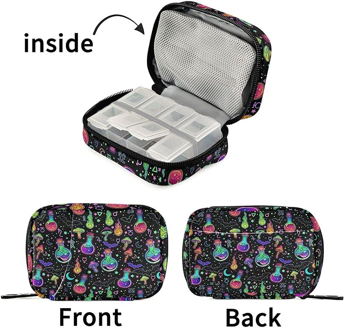 Travel Pill Organizer Bag Weekly Pill Organizer Case Psychedelic Mushroom Bat Purple Portable Small Daily Pill Boxes for Vitamin Fish Oils Supplement Holder with Zipper Compact Size