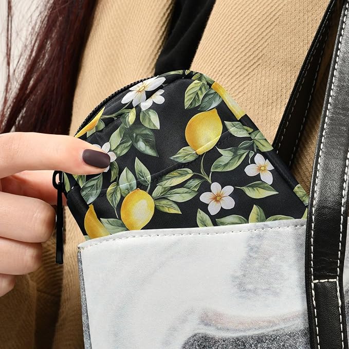Fustylead Watercolor Lemon and Flower on Black Background Pill Organizer Case with Zipper 2 Times A Day for Vitamin and Supplement, 7 Day Travel Organizer Medicine Case