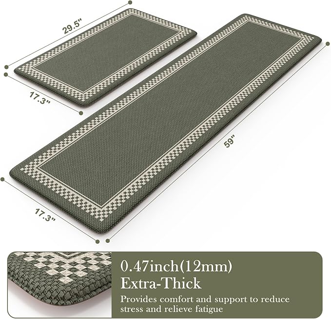 Kitchen Floor Mats Cushioned Anti Fatigue,Waterproof Kitchen Mats for Floor 2 Piece,Memory Foam Kitchen Mat,Comfort Kitchen Sink Rug for Bathroom Laundry Office,Green