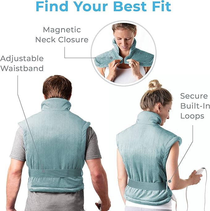 Pure Enrichment PureRelief XL Back & Neck Heating Pad- Safe Heat Therapy for Sore Muscles, Pain, & Cramps in Neck, Back, & Shoulders - 4 Heat Settings w/Auto Shut-Off, Soft Fabric (Sea Glass)