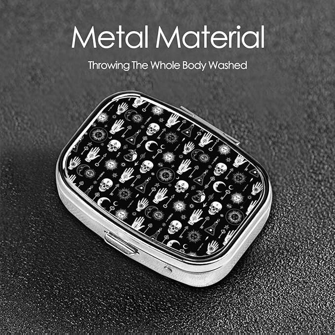 Women Men Portable Pill Organizer, Halloween Goth Gothic Raven Crow Skull Sun Moon Tattoos Pill Box, Am Pm Pill Case, Small Daily Medicine Organizer for Vitamins, Fish Oils Or Supplement