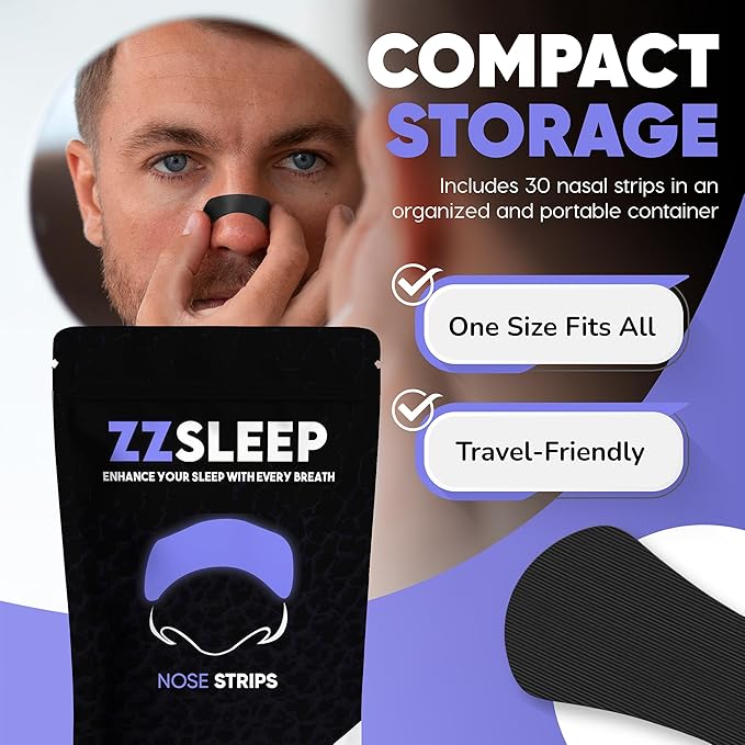 ZZSLEEP Nasal Strips (30 Strips) – Extra-Strength Strips for Better Sleep, Snoring Relief & Enhanced Breathing – Ideal for Sports, Exercise & Nighttime Use – Skin-Friendly, Sweat-Resistant Nose Tape