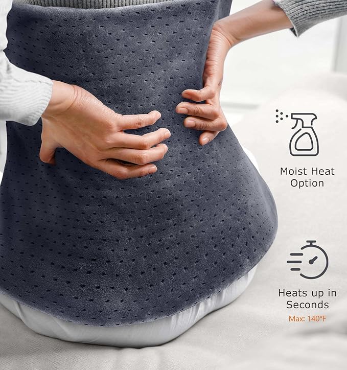 Heating Pad for Back Pain & Cramps, 24"x 20" Electric Heating Pad for Shoulder, Neck, Cramp, Menstrual Pain, Christmas Gifts for Women Men Mom Dad, Auto-Off, Machine Washable, Moist/Dry Heat pad, Gray