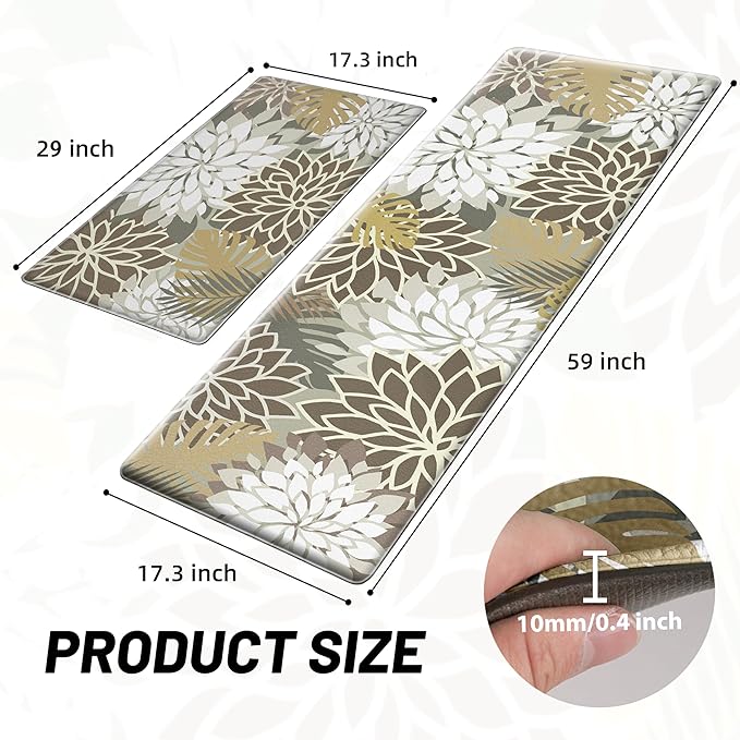Kitchen Mats for Floor 2 Piece Cushioned Anti Fatigue Kitchen Mats Waterproof Non Slip Kitchen Mat Rug Set Comfort Foam Standing Mat for Sink, Laundry, Office, Brown White